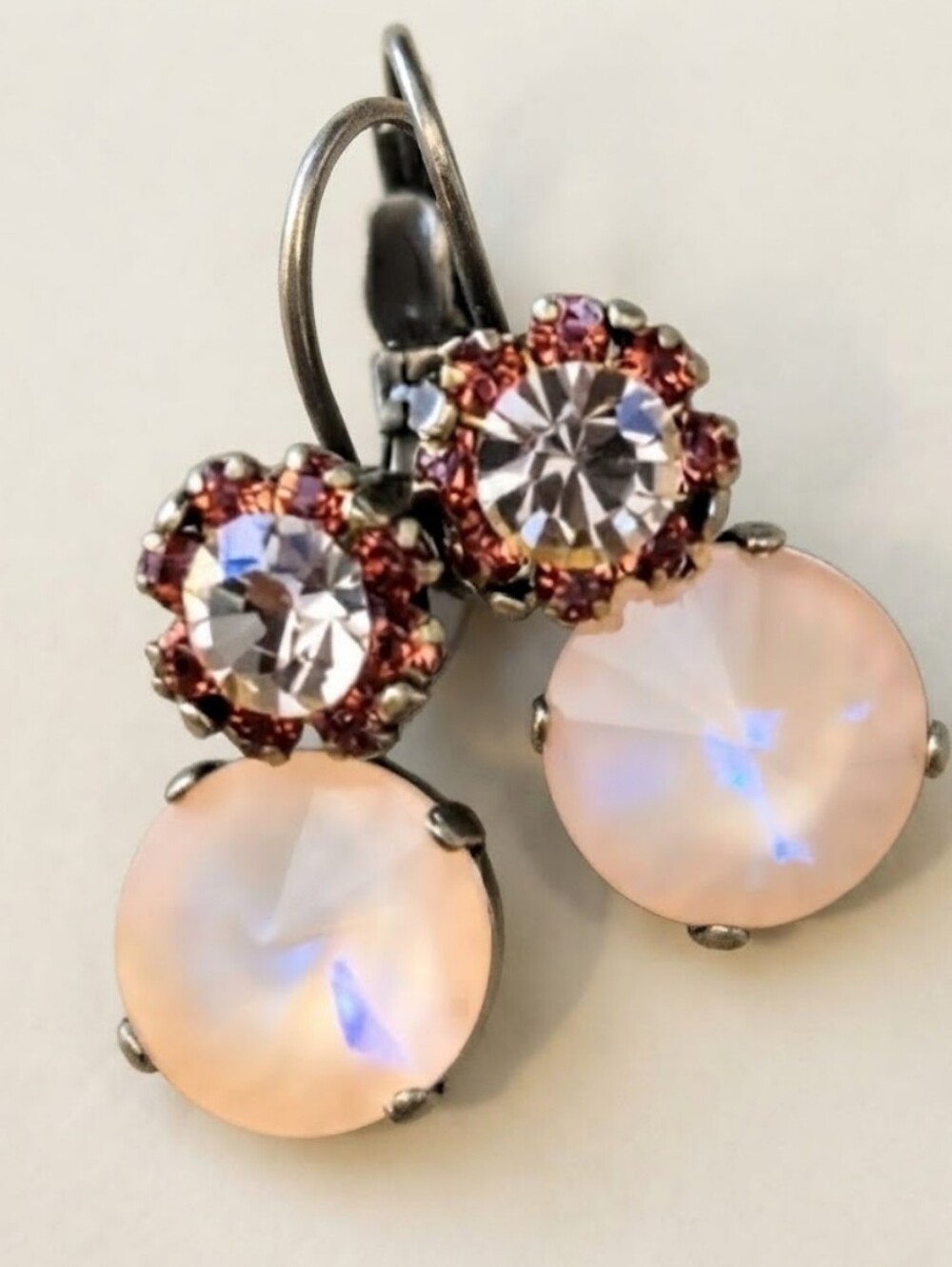 Peach & Orange Blush Crystal In  Drop Down Brass Earrings